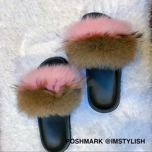 🆕 Genuine Fox Fur Beach Slides Slippers Sandals